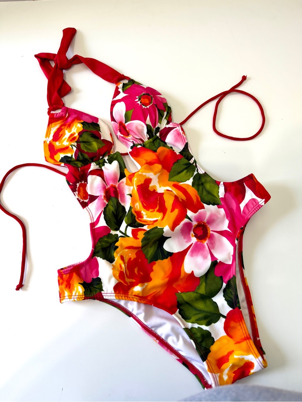 Tropical Floral One-Piece Swimsuit in Red, Pink & Orange